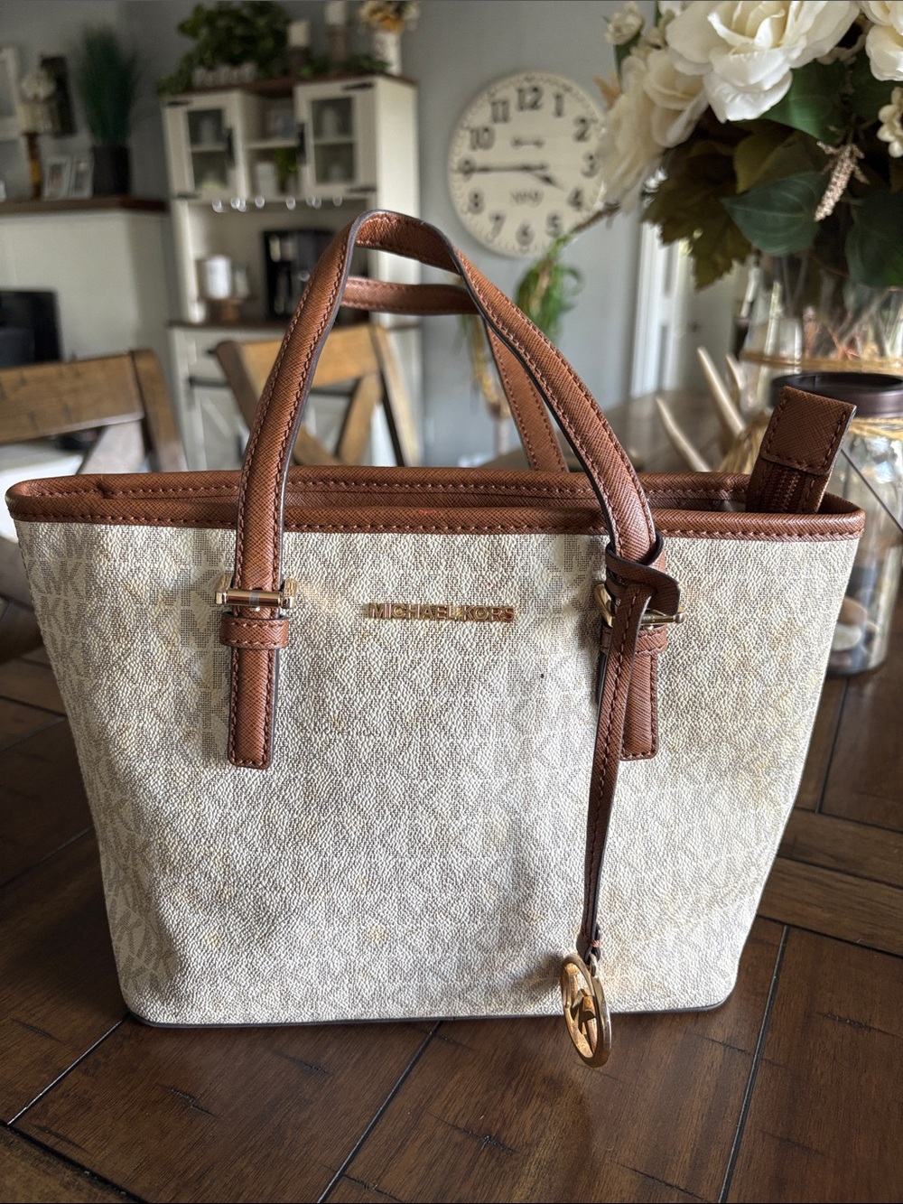 Michael Kors Beige Logo Canvas Small Tote with Brown Trim and Gold Accent